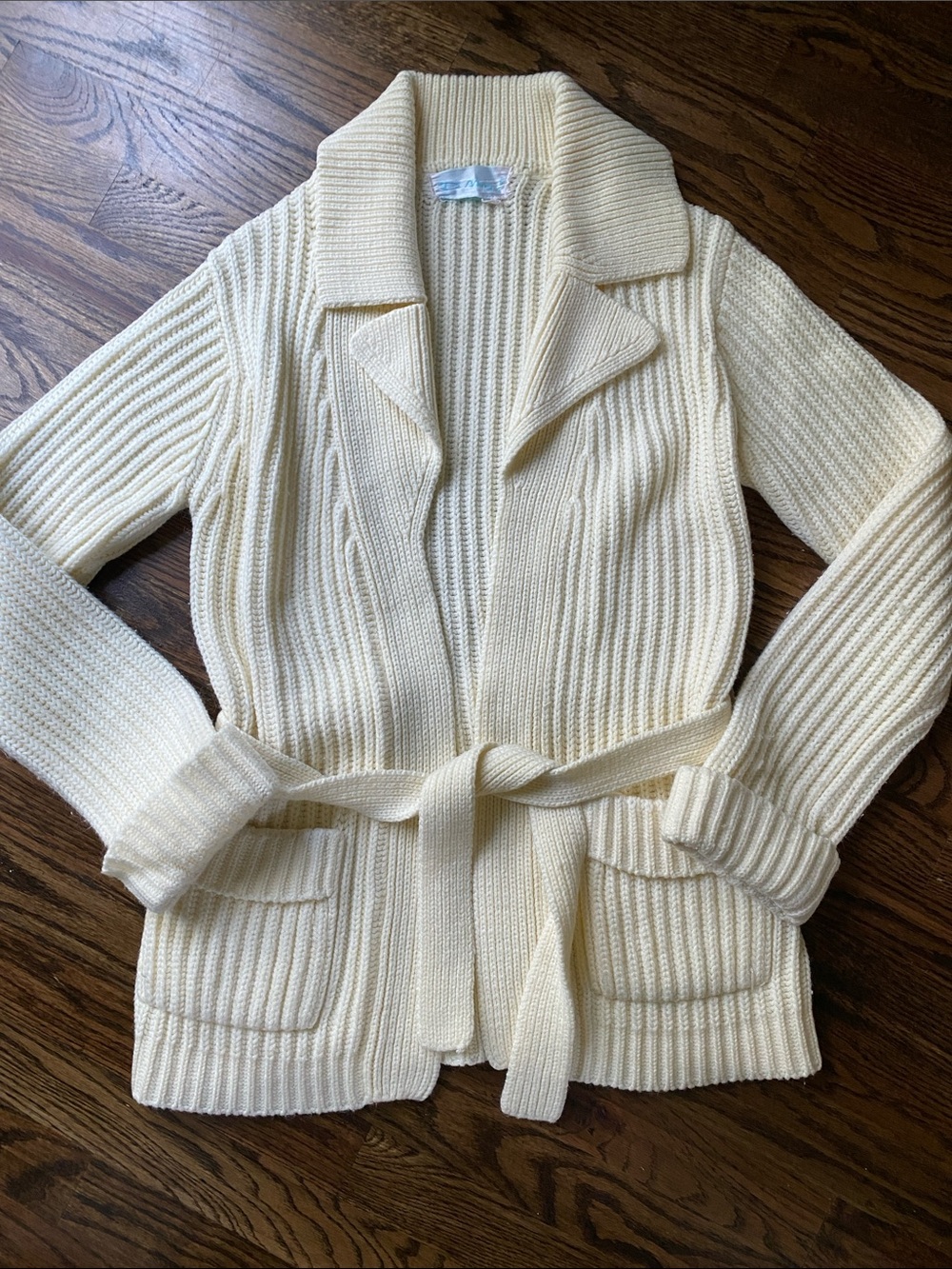 Vintage De Mura Cream Ribbed Shawl-Collar Belted Cardigan